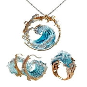 KITPIPI Ocean'S Oath Jewelry Set,Boho Blue Wave Necklace Earrings Ring Get Free gift !!!