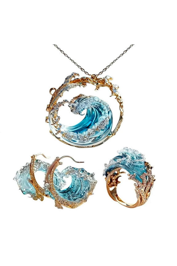 Ocean'S Oath Jewelry Set,Boho Blue Wave Necklace Earrings Ring Get Free gift !!!
