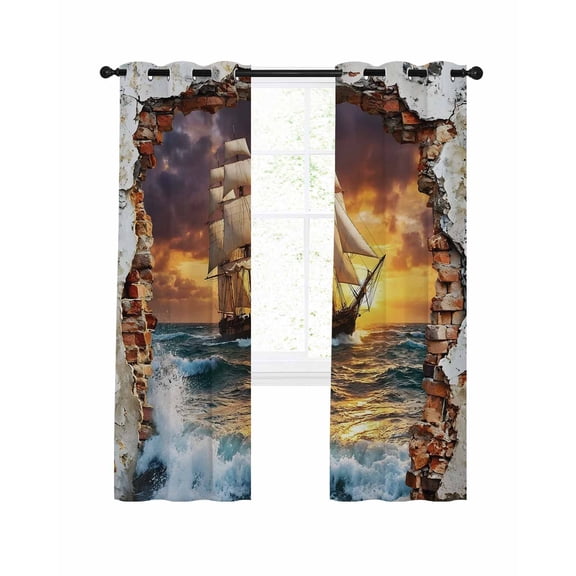 Ocean Sail Blackout Curtains for Bedroom Living Room, Art Cracked Wall Bold Sunset Rolling Waves 96 In Long Thermal Insulated Room Darkening Drapes Grommet Window Treatments, 52 x 96 In