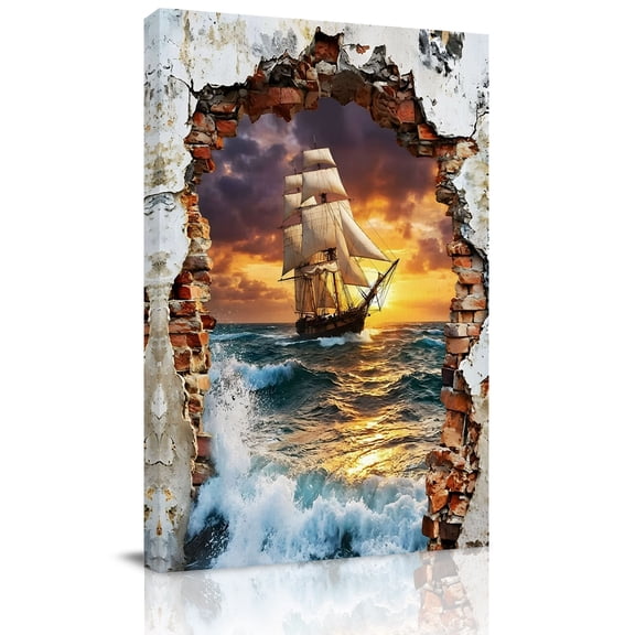 Ocean Sail Canvas Wall Art for Living Room, Art Cracked Wall Bold Sunset Rolling Waves Poster Print Painting for Bedroom Office Home Decoration Wall Pictures Prepare To Hang 8"x12"