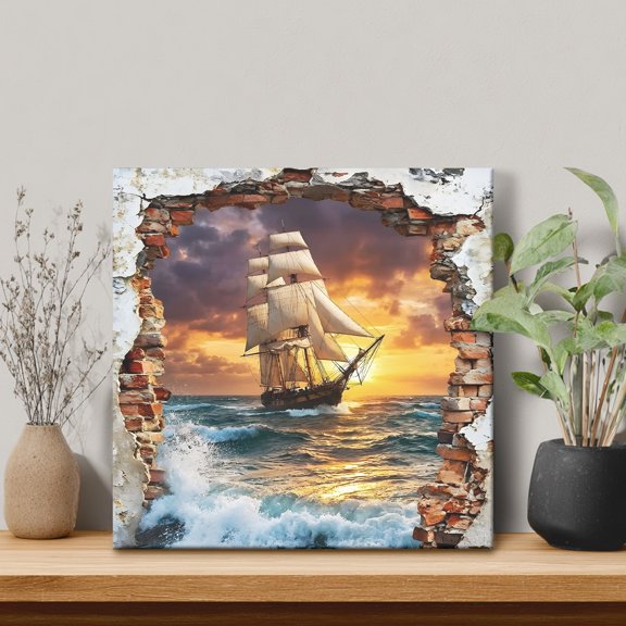 Ocean Sail Framed Canvas Wall Art, Art Cracked Wall Bold Sunset Rolling Waves Wall Art Painting for Living Room Bedroom Home Decor, 8”x8”, Office Artwork Print