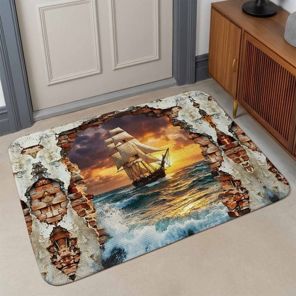 Ocean Sail Front Door Mat Indoor Entrance, Art Cracked Wall Bold Sunset Rolling Waves Absorbent Dirt Resist Welcome Mats Non-Slip Low-Profile Doormat Washable Entry Rug Indoor Outdoor 17x30 Inch
