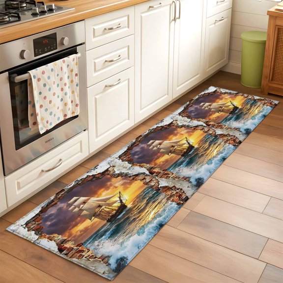 Ocean Sail Hallway Washable Runner Rug 2x6 Art Cracked Wall Bold Sunset Rolling Waves Kitchen Runner Mat with Non Slip Backing Low Pile Thin Floor Carpet for Indoor Bedroom Living Room