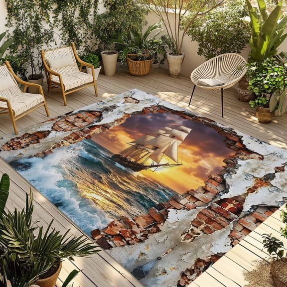 Ocean Sail Outdoor Rug 4x6 ft Art Cracked Wall Bold Sunset Rolling Waves Non Slip Patio Rug Washable Absorbent Large Outdoor Carpet Outside Mat for Porch RV Garden Camping
