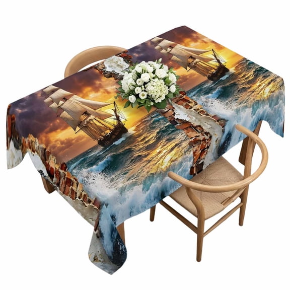Ocean Sail Rectangle Tablecloth Art Cracked Wall Bold Sunset Rolling Waves Waterproof Wrinkle Free Soft Table Cloth Spill-Proof Washable Table Cover for Dining Party Picnic 54 x 108 Inch