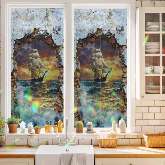 Ocean Sail Window Privacy Film Art Cracked Wall Bold Sunset Rolling Waves Static Cling Stained Glass Window Film Non-Adhesive Decorative Decals Rainbow Sticker 17.7"X39.3"
