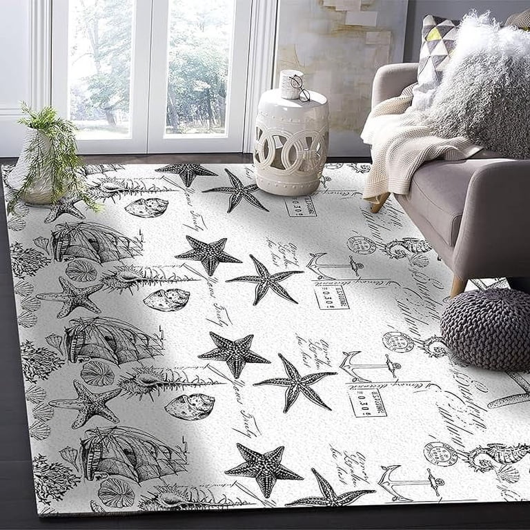 Starfish Coral Area Rug - 2x6 Ft, Coastal Beach Theme, Non-Slip Backing, Machine Washable, For Living Room, Bedroom