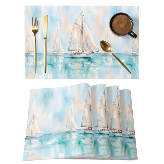 Ocean Sailboat Placemats Set of 4 Watercolor Teal Green Summer Nautical Place Mats Indoor Wipeable Table Mats Washable Cloth Dining Table Placemats for Kitchen Holiday Party Home Decor 13x19 Inch