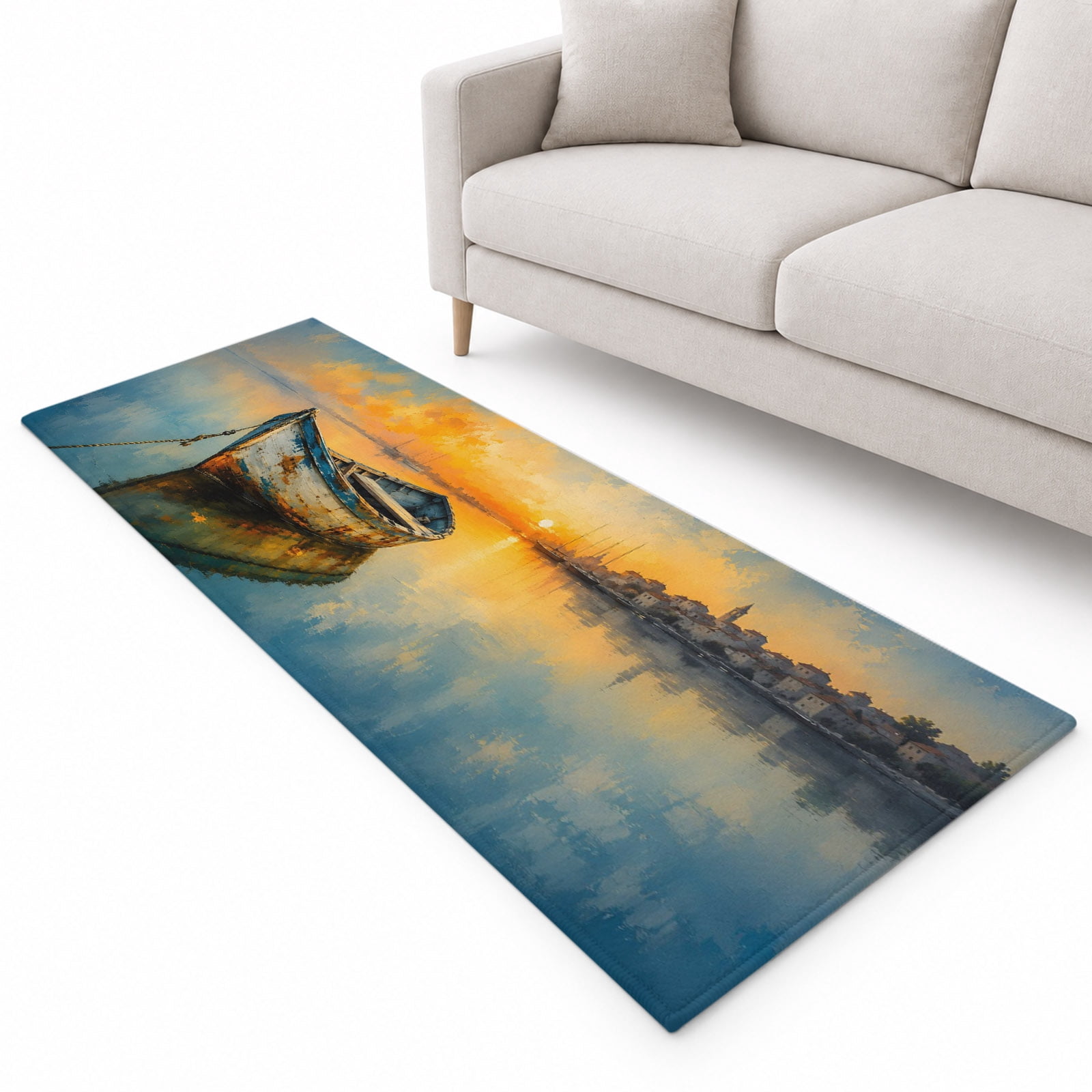 Ocean Sailboat Runner Rug 2'x6', Nautical Coastal Sea Vintage Boat Oil ...