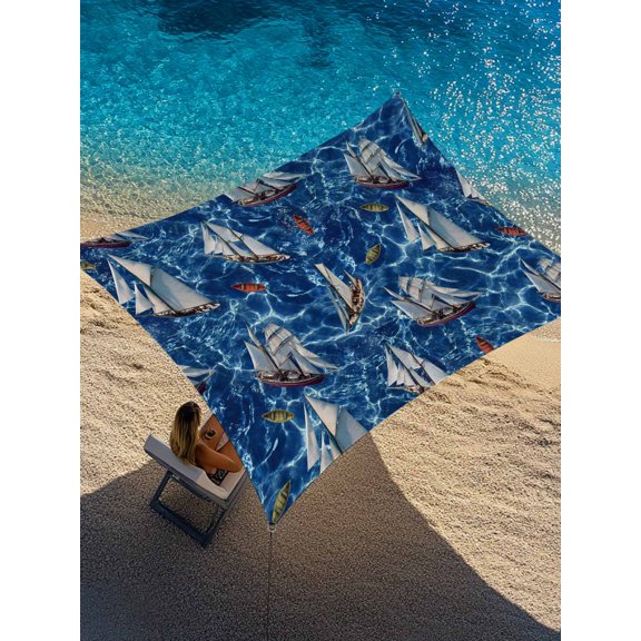Ocean Sailboat Sun Shade Sail 8' x 10', Blue Seawater Red Small Boats Modern Rectangle Outdoor Sunshade Canopy, Waterproof UV Block Patio Covers for Garden Yard Beach