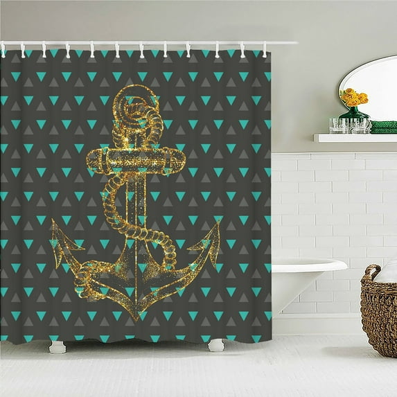 Ocean Sailing Anchor Fabric Shower Curtain Bathroom Curtains Geometry Pattern Waterproof Polyester Bath Screen with 12