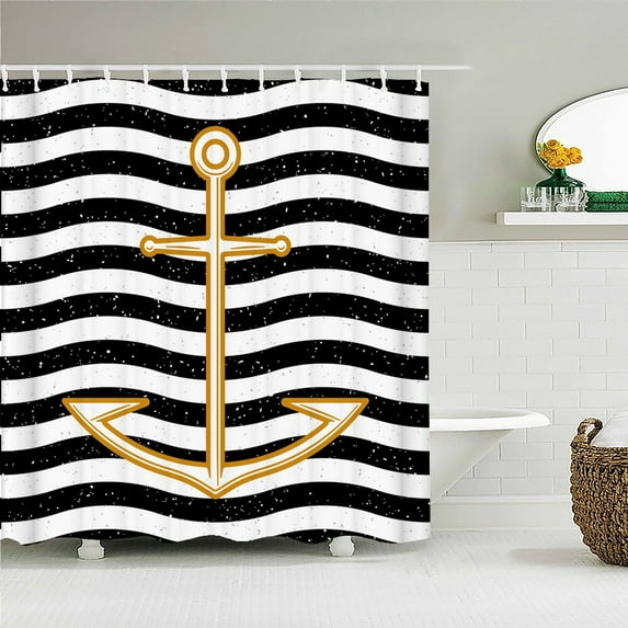 Ocean Sailing Anchor Fabric Shower Curtain Bathroom Curtains Geometry Pattern Waterproof Polyester Bath Screen with 12