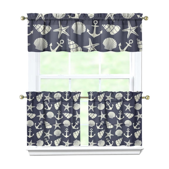 Ocean Sailing Kitchen Curtains Set Nautical Anchor Ship Compass Lighthouse Tide Coastal Marine Theme Tier and Valance Set for Kitchen or Bathroom