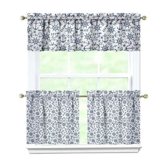 Ocean Sailing Kitchen Curtains Set Nautical Anchor Ship Compass Lighthouse Tide Coastal Marine Theme Tier and Valance Set for Kitchen or Bathroom