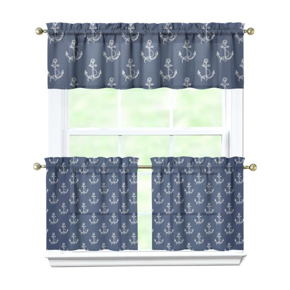 Ocean Sailing Kitchen Curtains Set Nautical Anchor Ship Compass Lighthouse Tide Coastal Marine Theme Tier and Valance Set for Kitchen or Bathroom