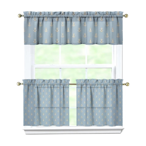 Ocean Sailing Kitchen Curtains Set Nautical Anchor Ship Compass Lighthouse Tide Coastal Marine Theme Tier and Valance Set for Kitchen or Bathroom