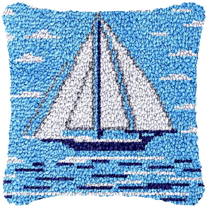 Ocean Sailing Latch Hook Pillow Cover Kits for DIY Handmade Throw Pillow Cross Stitch Latch Hook Pillowcase Rug Kits with Preprinted Color Pattern Canvas Crochet Yarn Kits 17''X 17''(ys2)