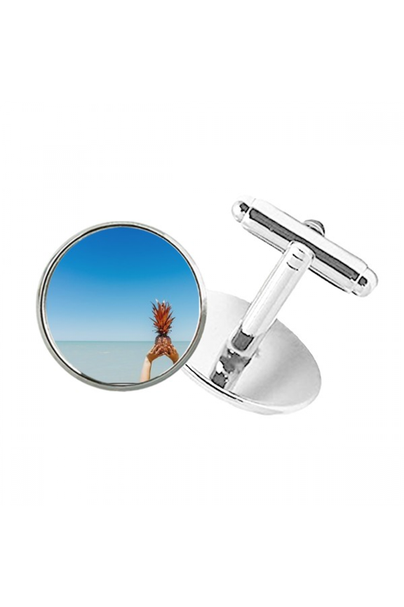 Ocean Sand Beach Pineapple Sea Picture Round Button Cuff Clip Stud Cufflinks