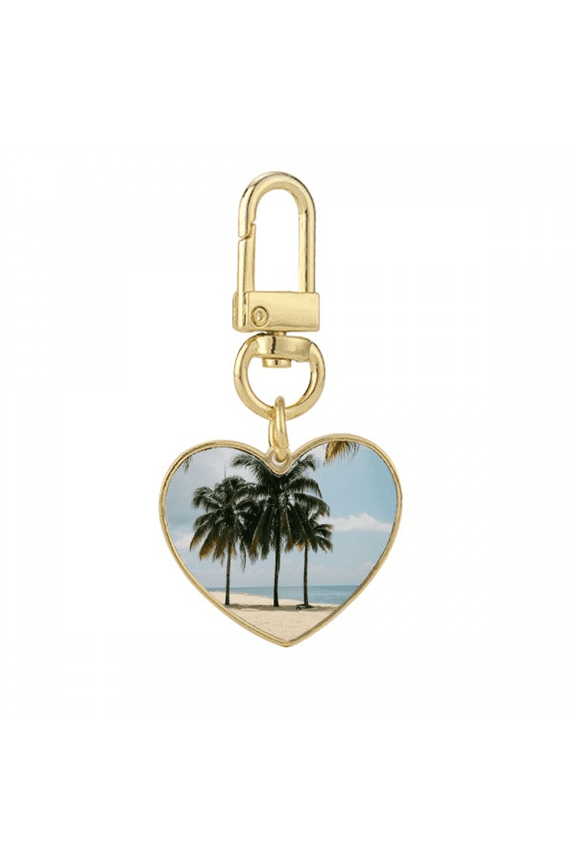 Ocean Sand Beach Sea Tree Picture Gold Heart Keychain Metal Keyring Holder