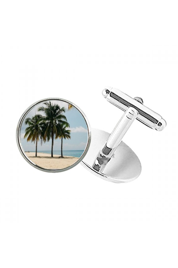Ocean Sand Beach Sea Tree Picture Round Button Cuff Clip Stud Cufflinks