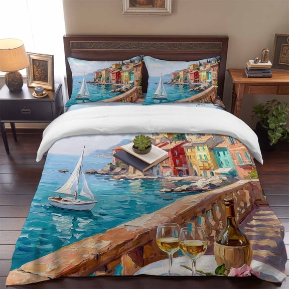 Ocean Scene Sailboat Oil Painting Queen Size Bed Set,Coastal Town Italian Style Bedding for All Seasons,4 Pcs Bed Set,1 Quiltcover (90"x90"),1 Sheet (90"x102"),2 Pillowcases (20"x30")