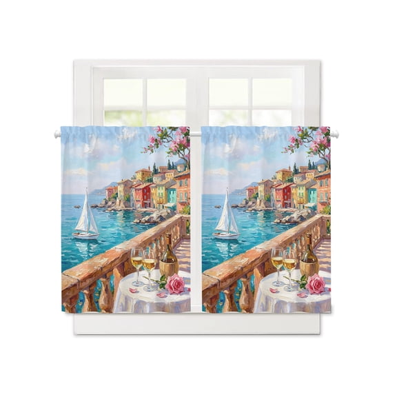 Ocean Scene Sailboat Oil Painting Short Blackout Curtains 36 Inch Long,Coastal Town Italian Style Rod Pocket Kitchen Curtains,2 Panels Thermal Insulated Room Darkening Drapes for Bedroom,30"W x 36"L