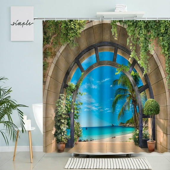 Ocean Scenery Shower Curtain Beach Arched St Door Vines Green Plants Palm Trees Nature Bathroom Waterproof Screen Home r