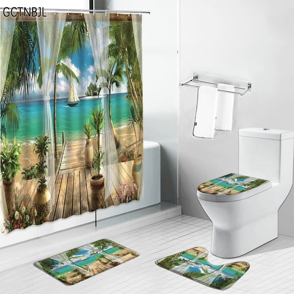 Ocean Scenery Shower Curtains Carpet Summer Beach Sea Palm Tree Landscape Bathroom Home Decor Non-slip Bath Mat Toilet Rugs Set