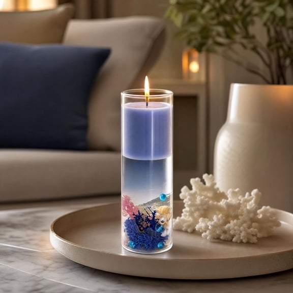 Ocean Scented Candles, Sea Glass Jar Candles, Ocean Decor Candle, Layered Soy Wax with Seashell Pebble Design, for Table Top Living Room Shelf Home Decor and Relaxing Gift