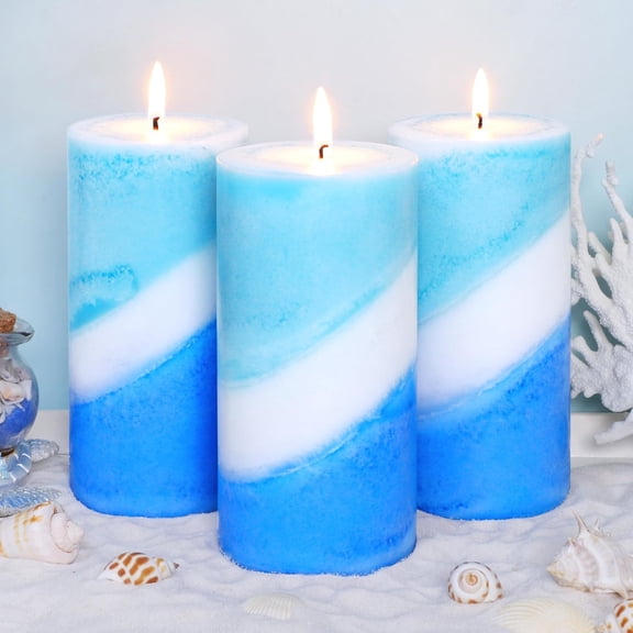 Ocean Scented Pillar Candles, Blue and White Striped Candles, 3x6 Inch, 100% Cotton Core Paraffin Wax Candles, Handmade Aromatherapy Candles Decorative for Gift & Home Decor, Set of 3