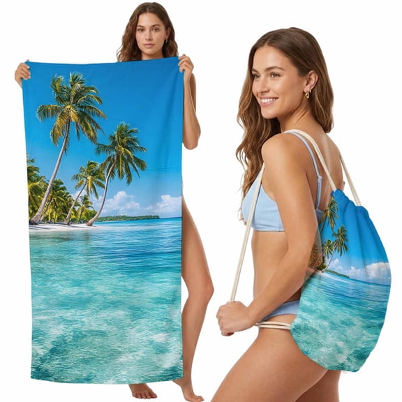 Ocean Sea 2-in-1 Beach Towel Backpack,Quick Dry Beach Towel Blanket Bag,Summer Palm Trees Blue Sky Beach Tropical Portable Bath Pool Yoga Swim Picnic Camping Towels Travel Essential 27.6x55 Inches