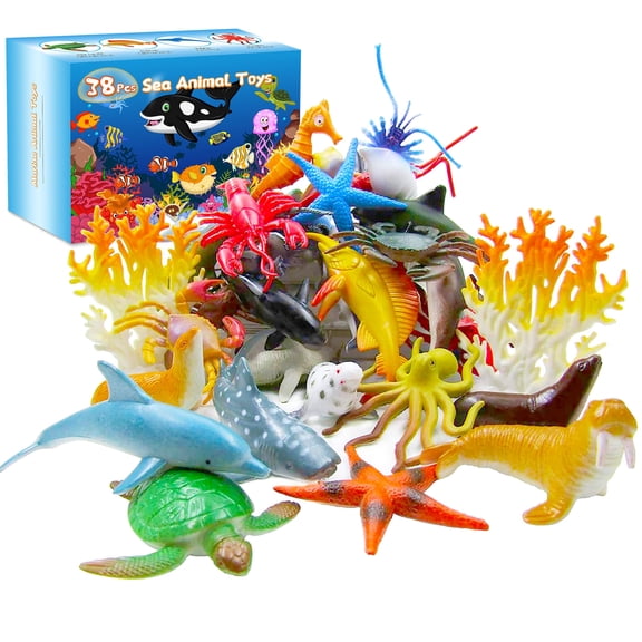 Ocean Sea Animal Toy, 38 Pcs Mini Animal Figures Bath Toys, Realistic Under The Sea Life Figurines for Toddler, Kids, Children, Boys, Girls Education Christmas Birthday Gift Cake Cupcake Topper