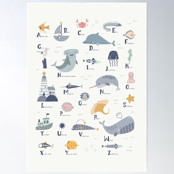 Ocean Sea Animals Alphabet Dark Blue Educational Poster Wall Art, Poster Home Decor, Poster Only