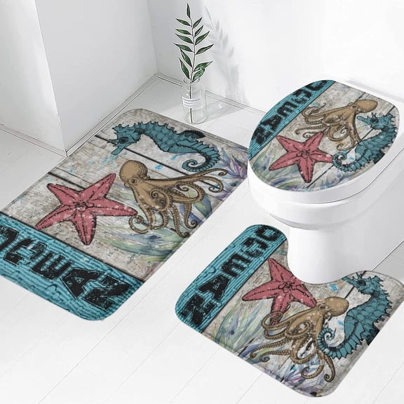 Ocean Sea Bath Rug Sets Sets 3 Piece Summer Beach Wood with Starfish Sea Horse Octopus Bath Mat Soft Non Slip Water Absorbent U-Shaped Contour Toilet Mat, Toilet Lid Cover
