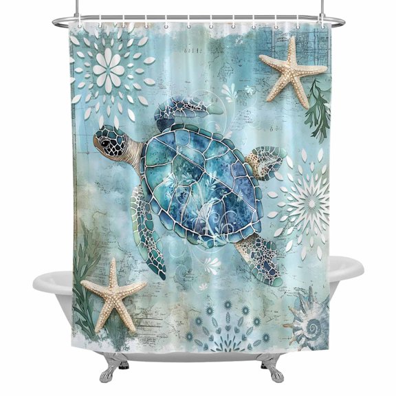 Ocean Sea Bathroom Shower Curtain, Turtle Starfish Undersea Nautical Vintage Blue Waterproof Washable Soft Bath Curtain for Bathtub Decor with 12 Hooks&Grommet, 36x72 Inch