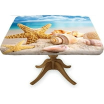 Ocean Sea Beach Square Fitted Tablecloth, Starfish Seashells Table Cover with Elastic Edge Tulip Floral Table Cloth, Great for Outdoor Home Kitchen/Parties/Holiday Dinner, Fits to 34x34 In Table, Blue
