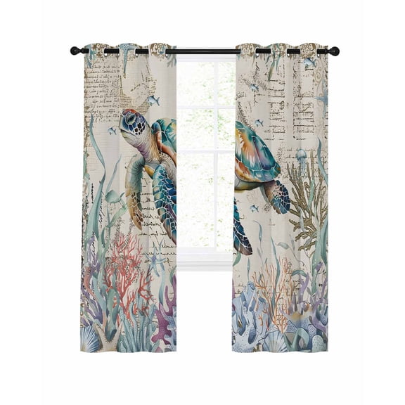 Ocean Sea Blackout Curtains for Bedroom Living Room, Turtle Coral Seagrass Retro Nautical Background 45 In Long Thermal Insulated Room Darkening Drapes Grommet Window Treatments, 42 x 45 In
