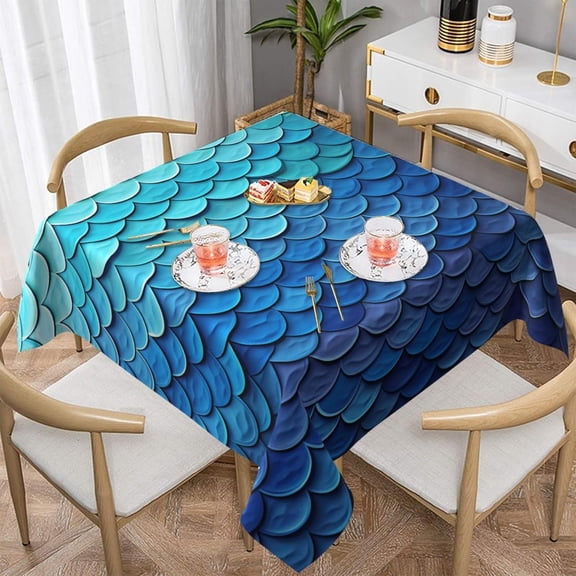 Ocean Sea Blue Mermaid Fish Scale Square Tablecloth 60"x60", Washable Polyester Fabric Table Cloth Waterproof Wrinkle Resistant Farmhouse Dining Table Cover for Kitchen, Wedding and Parties