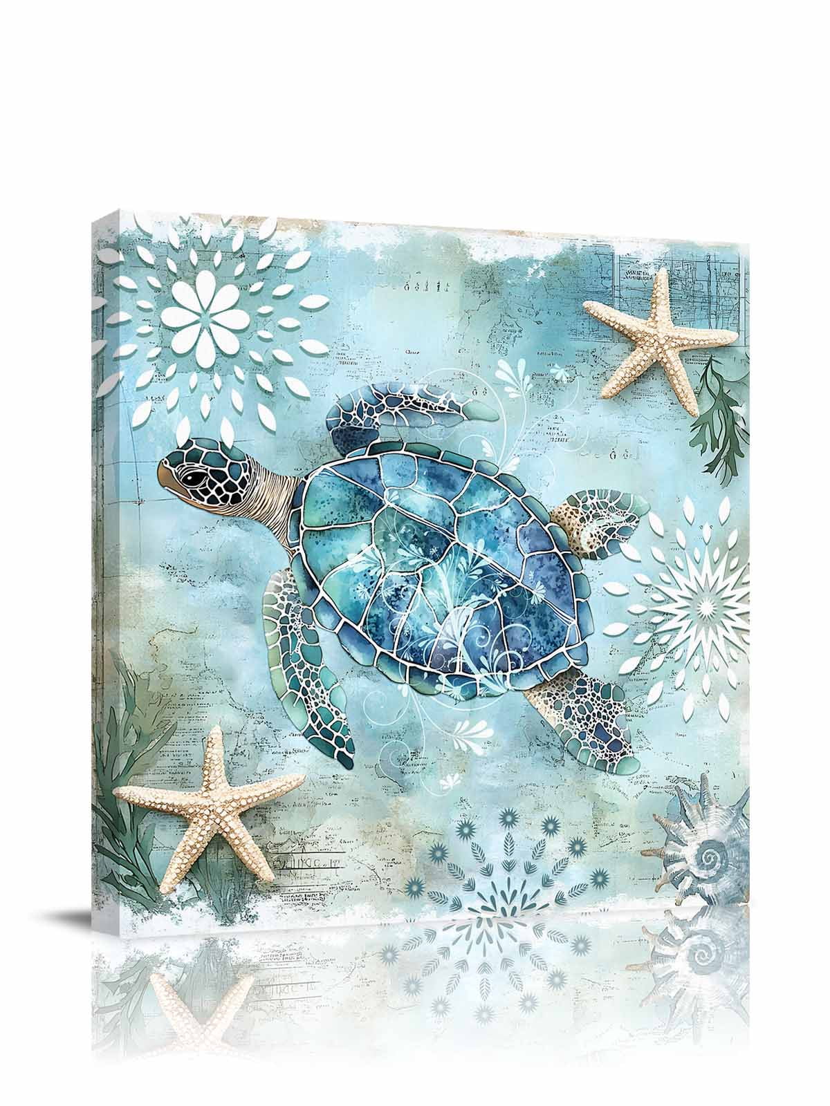 Ocean Sea Canvas Wall Art, Turtle Starfish Undersea Nautical Vintage Blue Framed Wall Decor Modern Artwork Prints Painting for Living Room, Bedroom, Kitchen & Cafe Decor 16x16 Inch