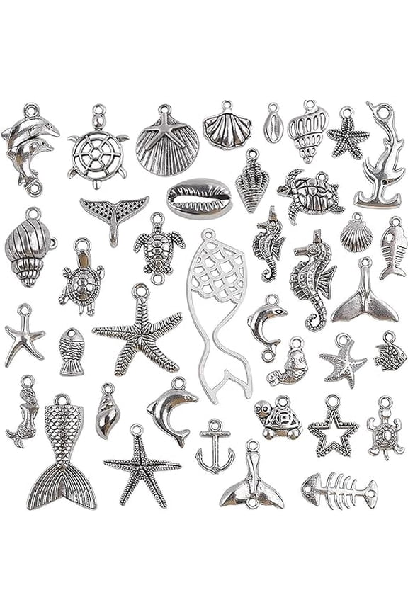 Ocean Sea Charms Collection, 40 Pieces Mixed Antique Silver Ocean Fish Sea Creatures Marine Charms Pendants Jewelry Findings for DIY Necklace Bracelet Earrings