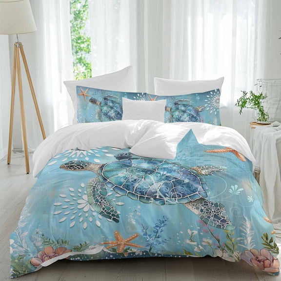 Ocean Sea Comforter Set Queen Size, Turtle Starfish Undersea Blue Nautical Vintage Soft Bedding Set for Man Woman, 4 Pieces Duvet Cover Set with Fitted Sheet, 2 Pillowcases