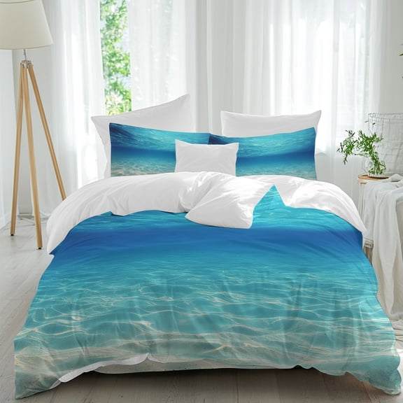 Ocean Sea Comforter Set Queen Size, Underwater Blue Ombre Waves Seascape Sand Beach Soft Bedding Set for Man Woman, 4 Pieces Duvet Cover Set with Fitted Sheet, 2 Pillowcases