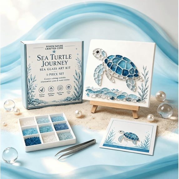 Ocean Sea Glass Art Kit Collection DIY, Ocean Sea Turtle Mosaic Art Making Kit, Creative Hand‑Craft Project, Ideal Birthday Holiday Gift for Art Lovers