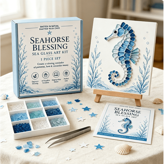 Ocean Sea Glass Art Kit Collection DIY, Ocean Seahorse Mosaic Art Making Kit, Creative Hand‑Craft Project, Ideal Birthday Holiday Gift for Art Lovers