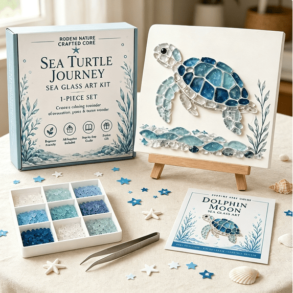 Ocean Sea Glass Art Kit Collection DIY, Sea Turtle Mosaic Craft Set, Beginner Friendly Sea Glass Mosaic Making Kit with Easel Tweezers for Home Table Decor