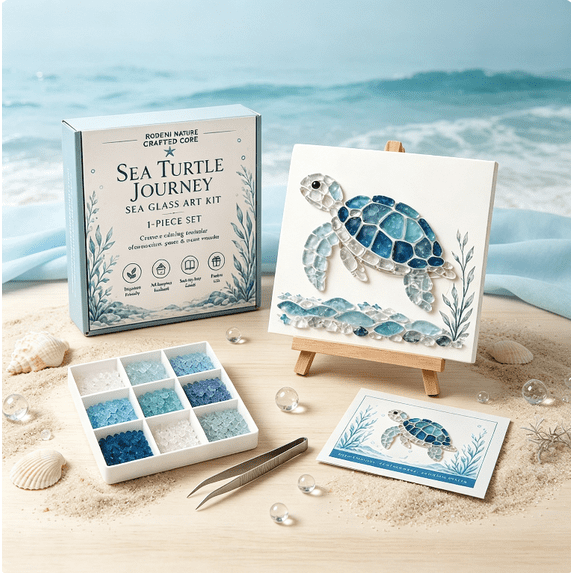 Ocean Sea Glass Art Kit Collection DIY, Sea Turtle Sea Glass Mosaic Kit, Complete DIY Art Craft Project for Adults Teens, Ocean Theme Tabletop Decoration Gift