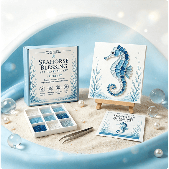 Ocean Sea Glass Art Kit Collection DIY, Seahorse Sea Glass Mosaic Kit, Complete DIY Art Craft Project for Adults Teens, Ocean Theme Tabletop Decoration Gift