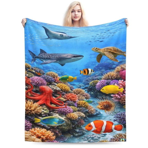 Ocean Sea Life Blanket Tropical Coral Reef Throw Blanket Soft Cozy Flannel Marine Animals Blanket Shark Turtle Fish Ocean Decor Gift 80x60