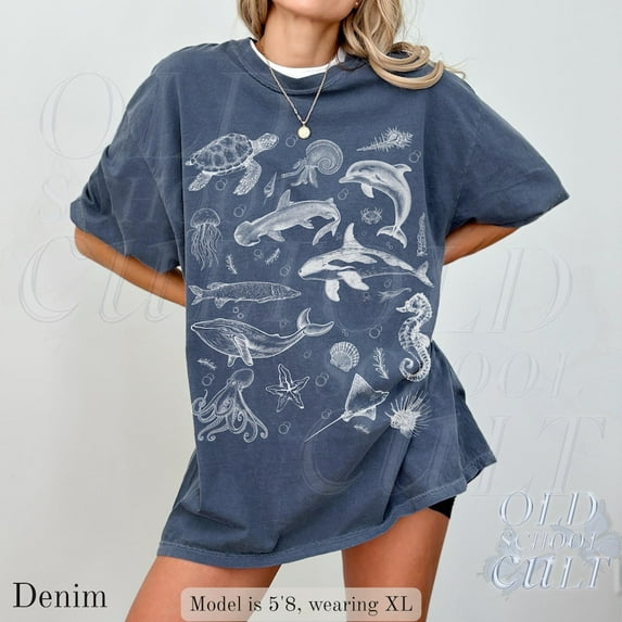 Ocean Sea Life Graphic Print T-Shirt | Vintage Marine Animals Tee | Sea Turtle Dolphin Whale Retro Unisex Top