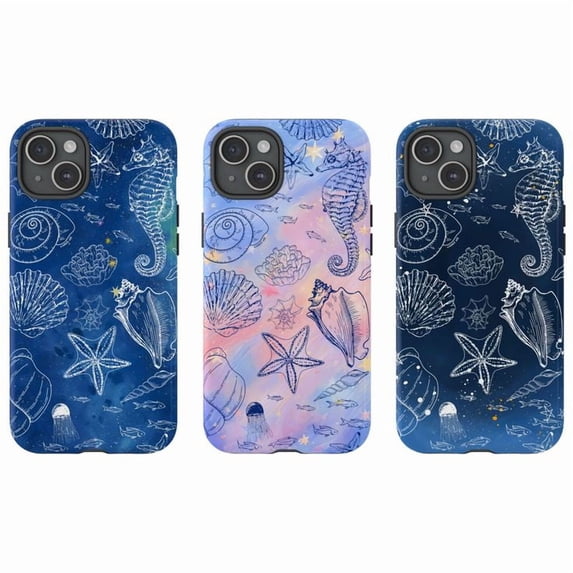 Ocean Sea Life Phone Case for iPhone 16 15 14 13 12 Pro Max Plus, Blue Cover with White Seahorse Shell Starfish Design